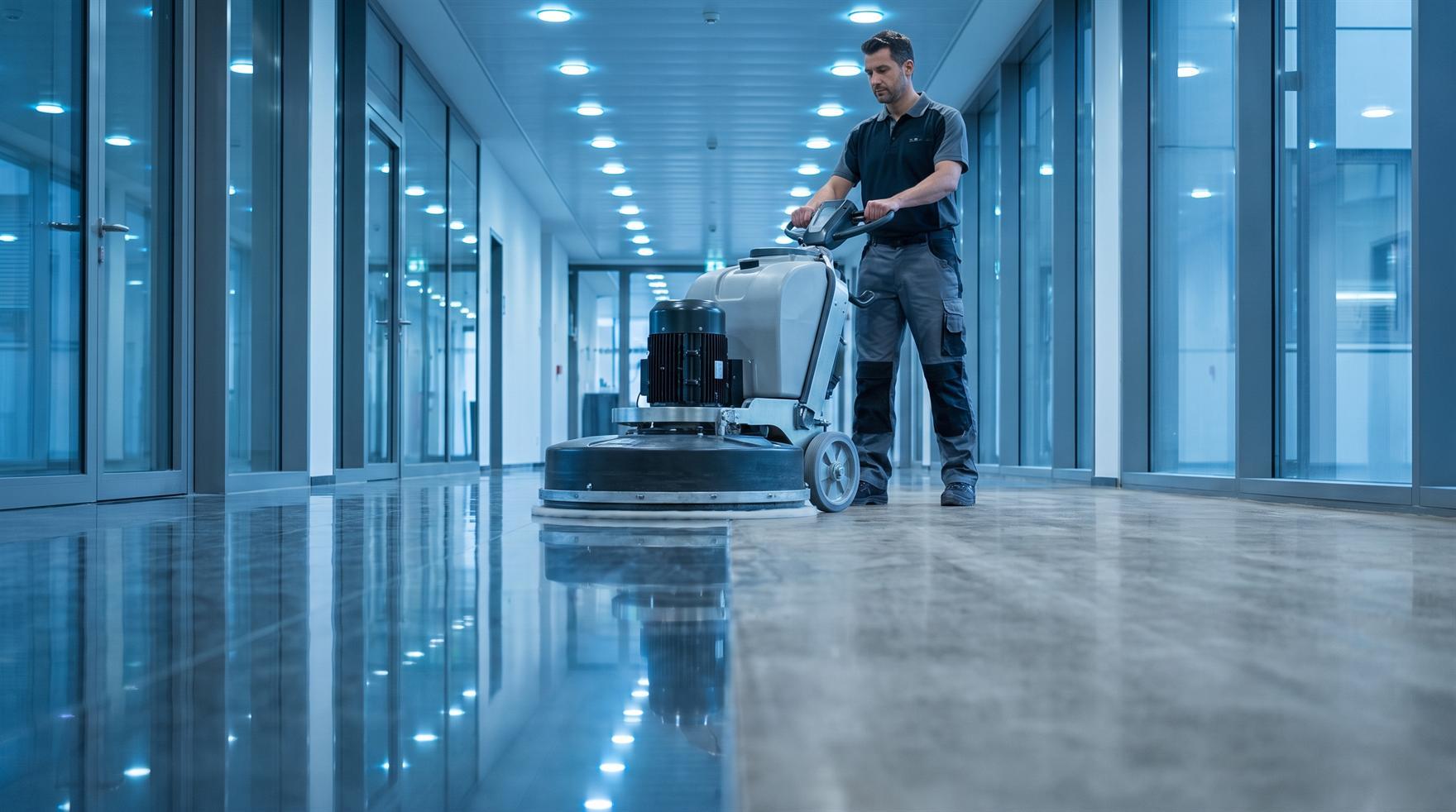 Floor polishing machine buffing a commercial floor to a mirror finish