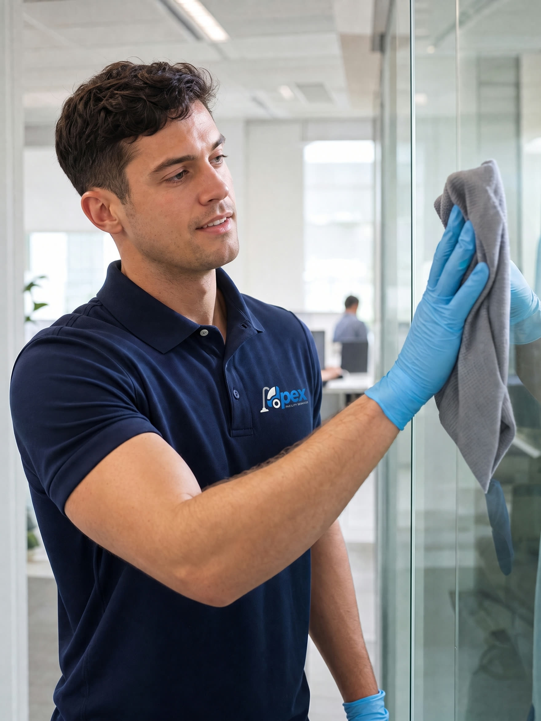 Apex technician cleaning a glass partition in a corporate office