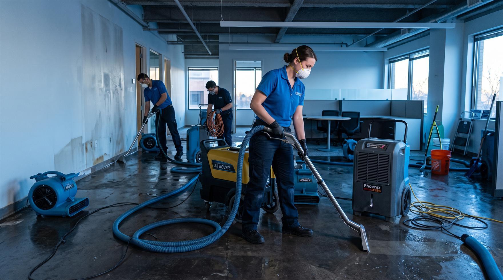 Professional restoration equipment cleaning a commercial interior after water damage
