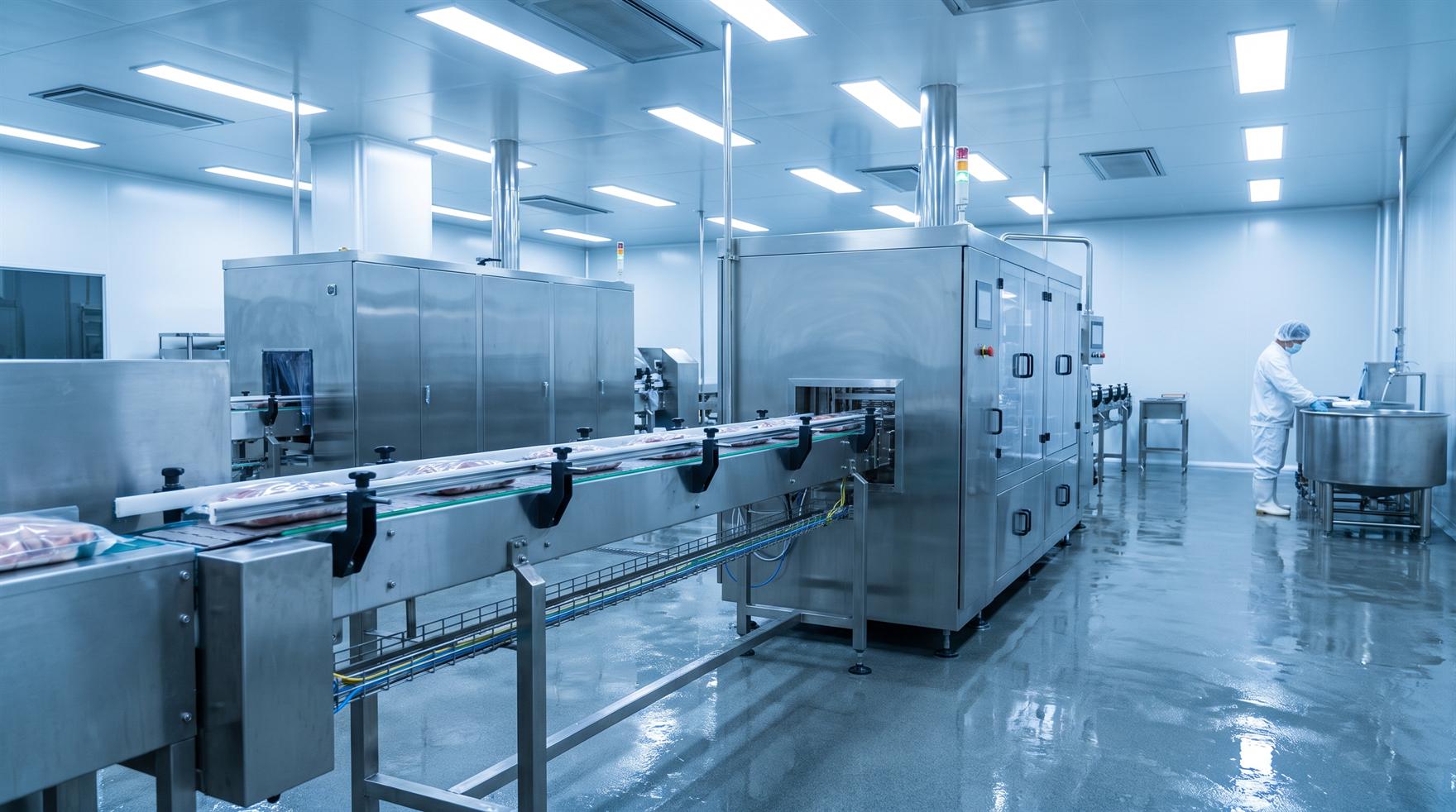 Stainless steel food production facility with conveyor line