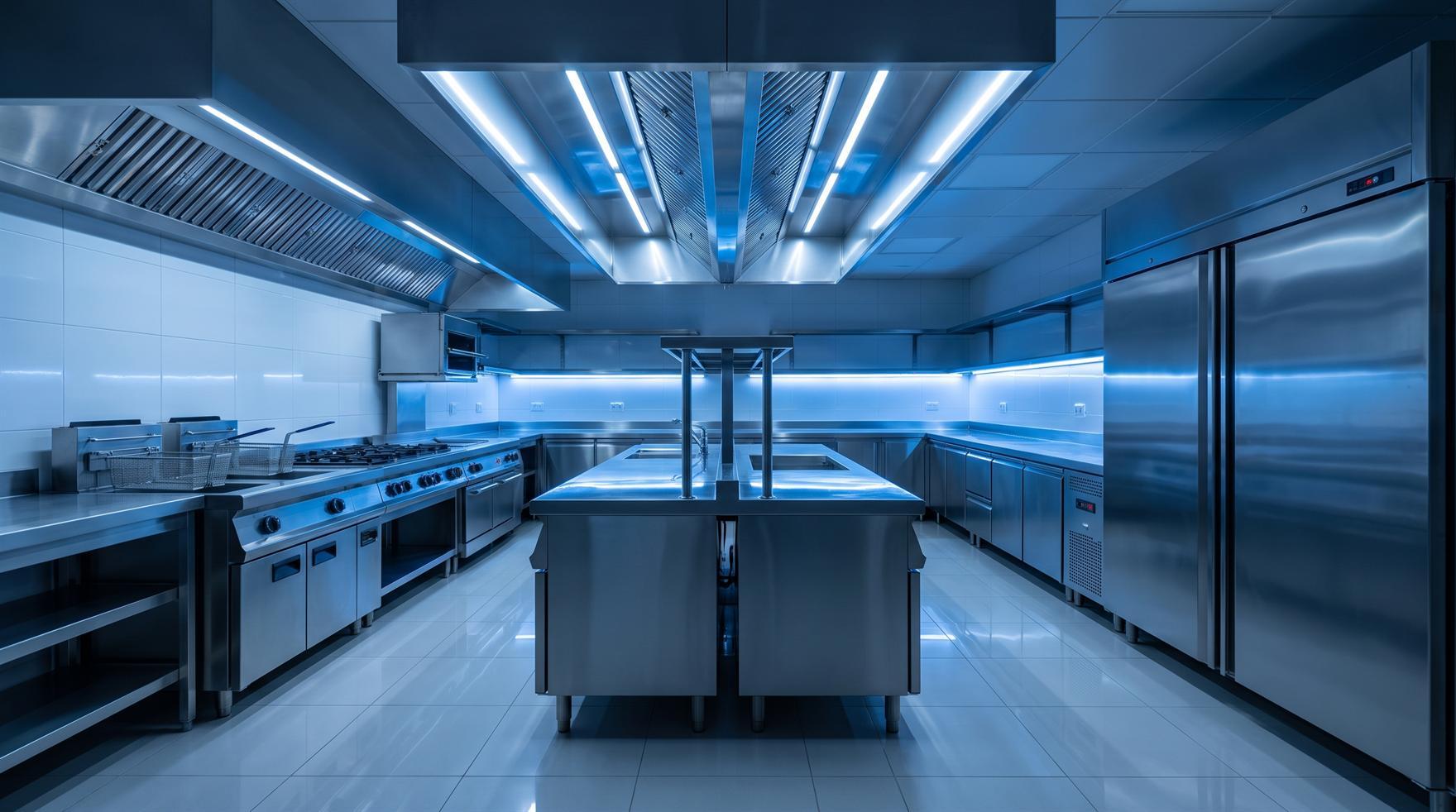 Spotless commercial restaurant kitchen with stainless steel surfaces